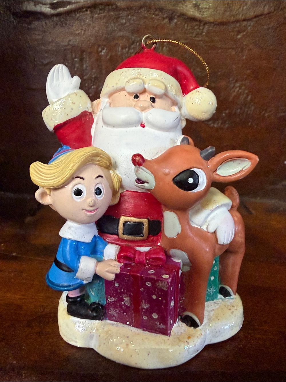 Holiday Santa with Elf & Rudolf Figurine Ornament - from original TV show